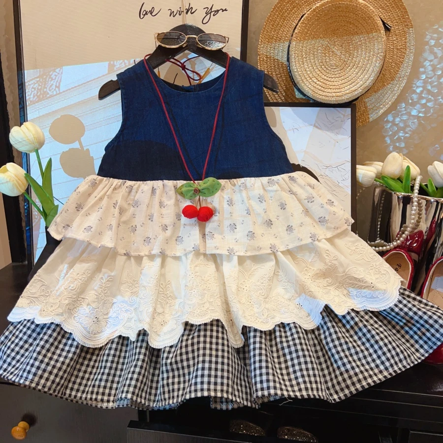 HHkids2025森系无袖背心裙碎花格子拼接牛仔裙叠穿蛋糕裙HQZ035