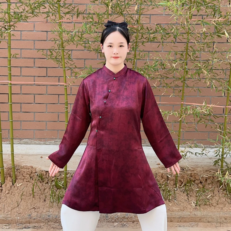 太极服女2025新款醋酸缎斜襟中国风太极拳练功服八段锦表演服春秋