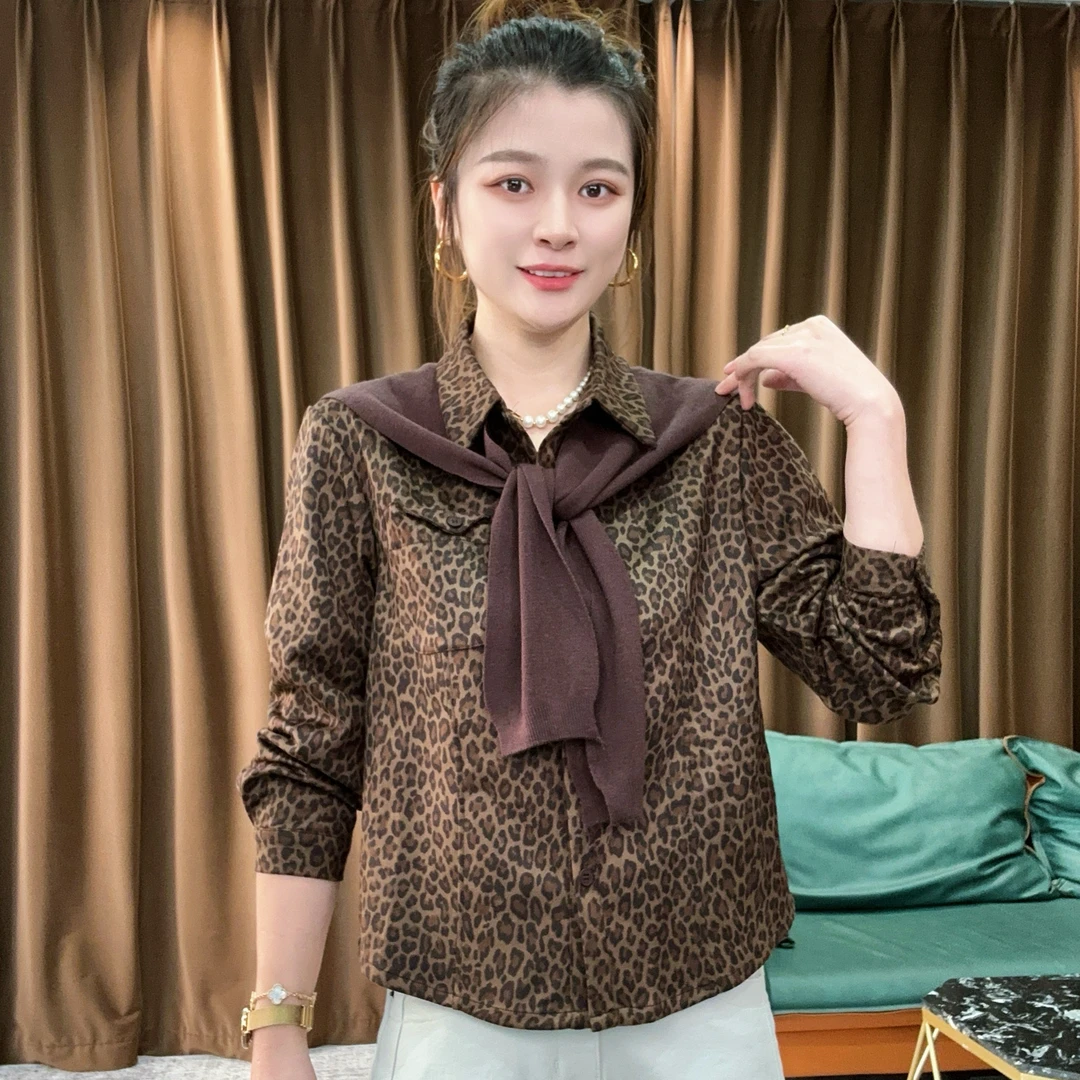 秋季新款韩版披肩豹纹衬衫外套小众设计感宽松休闲百搭显瘦上衣女