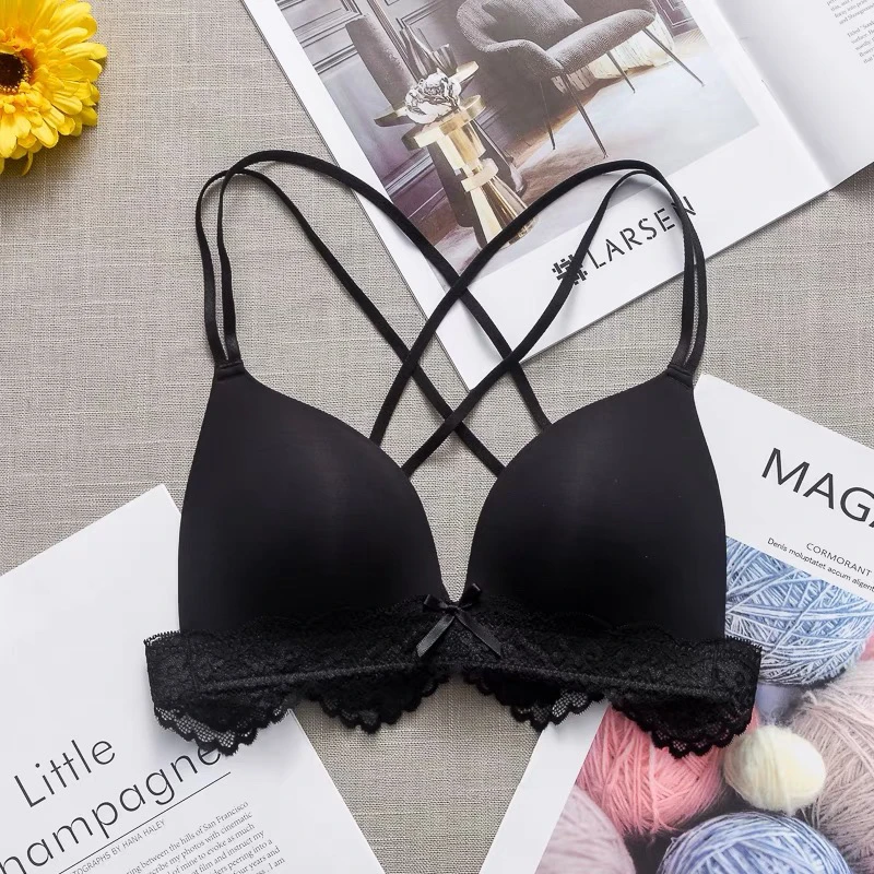 蕾丝花边少女性感内衣小胸聚拢胸罩无钢圈文胸美背交叉背网红内衣