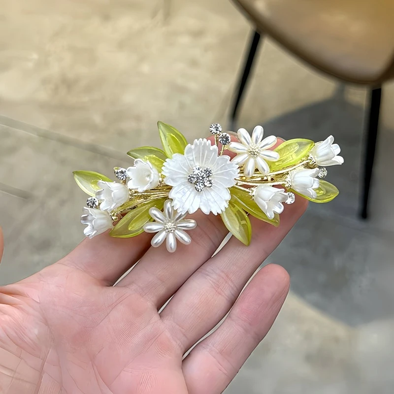 古风珍珠花朵铃兰花发夹新中式复古超仙后脑勺半扎弹簧夹汉服头饰