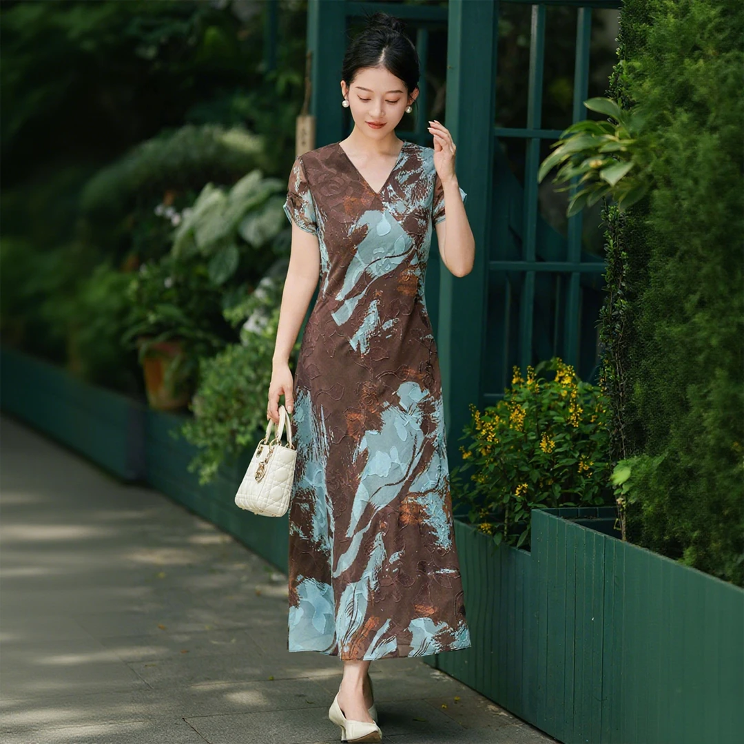 西子/【蓝眼泪】雪纺纱水墨晕染印染凉感收腰显瘦连衣裙/CQBH1709