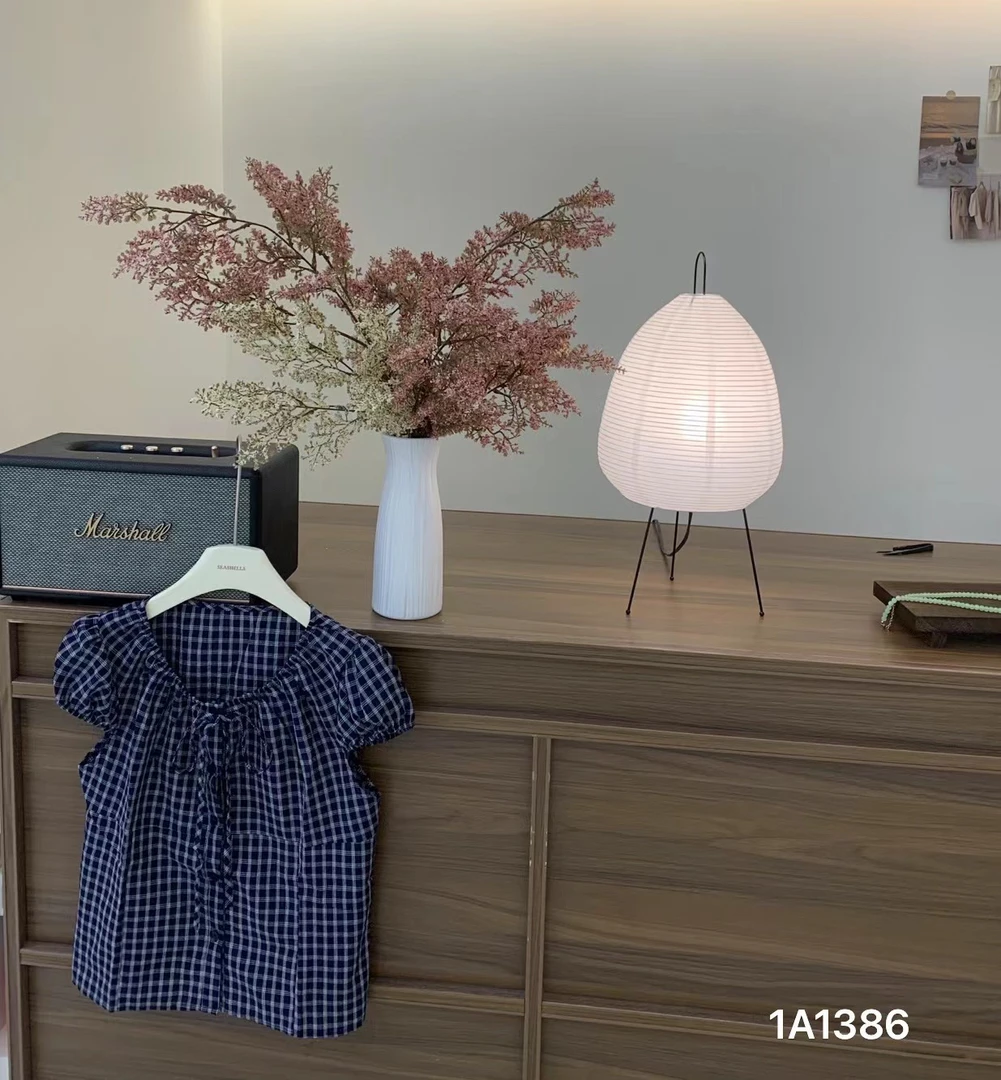 seashells@1386 韩系复古格纹短袖衬衫上衣（衣长56）7-19