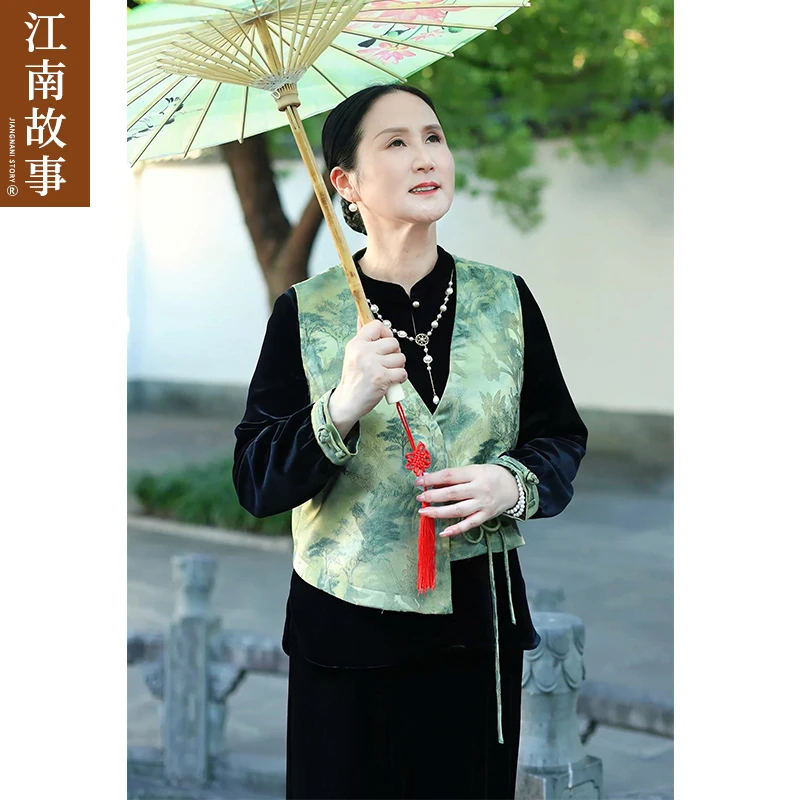 江南故事2025早秋新款妈妈装国风中老年女装提花马夹三件套装