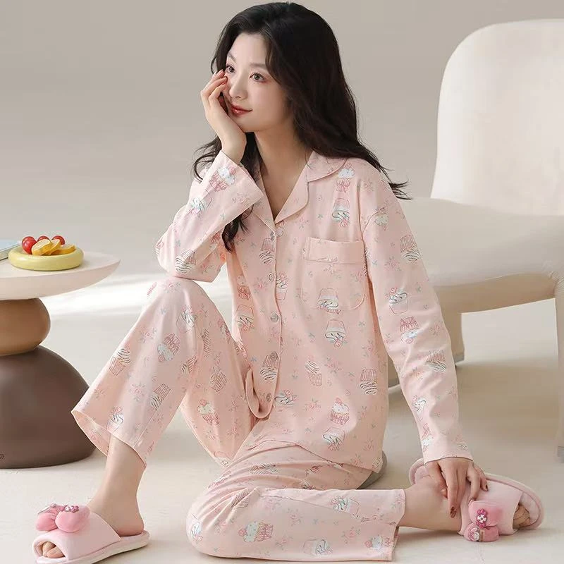 新款春秋季睡衣女士莫代尔翻领长袖长裤宽松家居服套装EA188