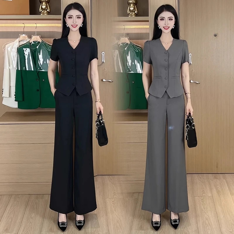 套装女2025夏季新款洋气显瘦短袖上衣阔腿裤女装高级感两件套