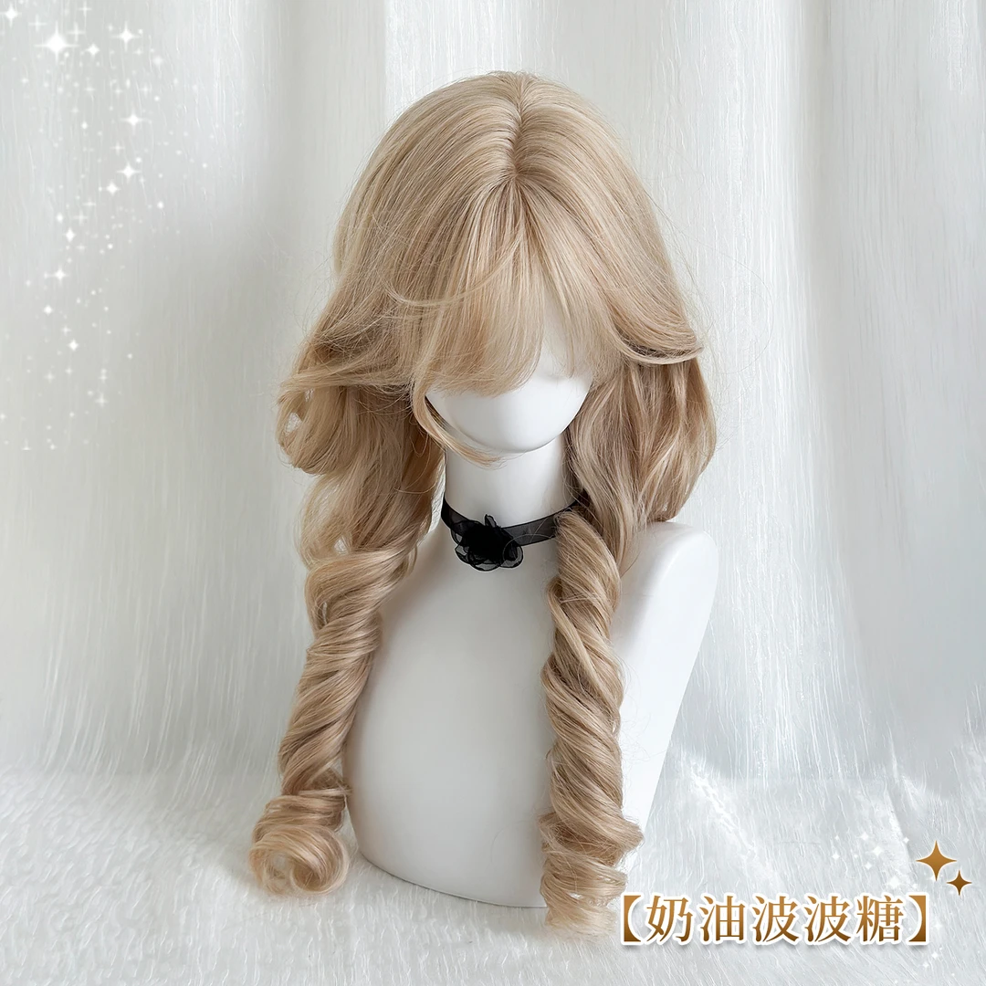 小熊奈奈奶油金假发女日系水母头长卷发Lolita双马尾假发全头套式