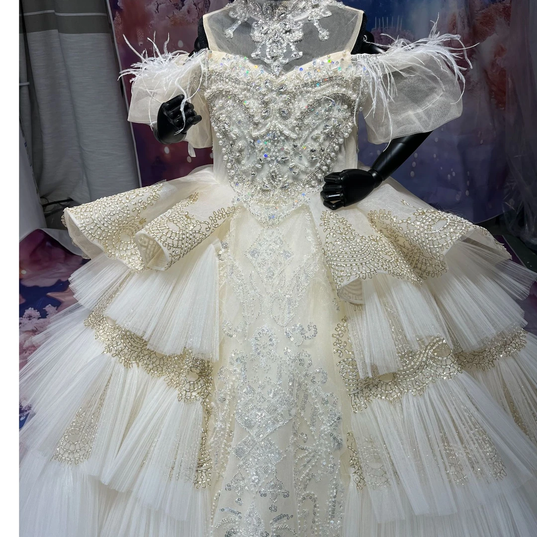 罗莎高定系列香槟色拖尾儿童拖尾公主裙生日高贵主持钢琴秀场比赛