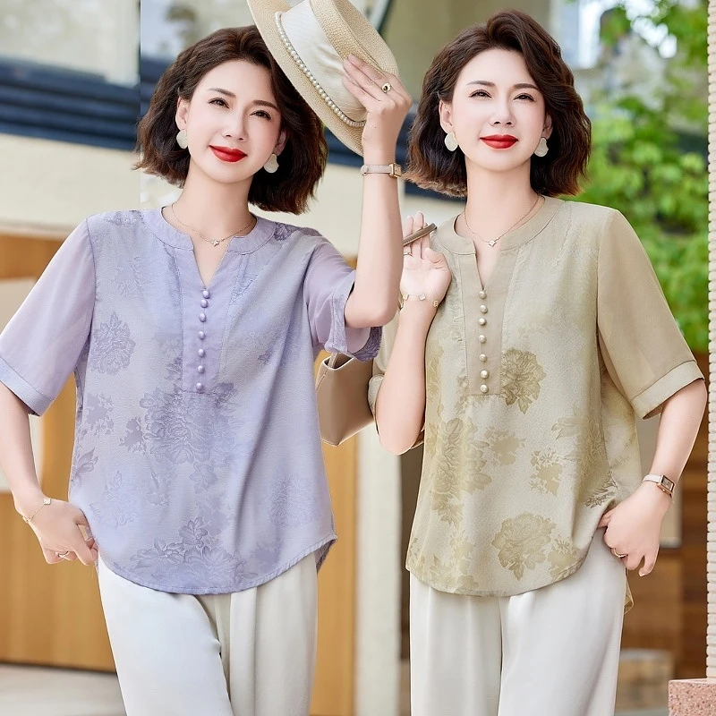 洋气妈妈夏装短袖雪纺衫中年女装减龄小衫新中式上衣休闲t恤薄款