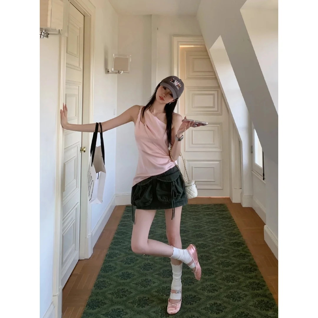 夏季新款洋气衣服女双扭结不规整斜肩背心收腰上衣高腰短裙套装