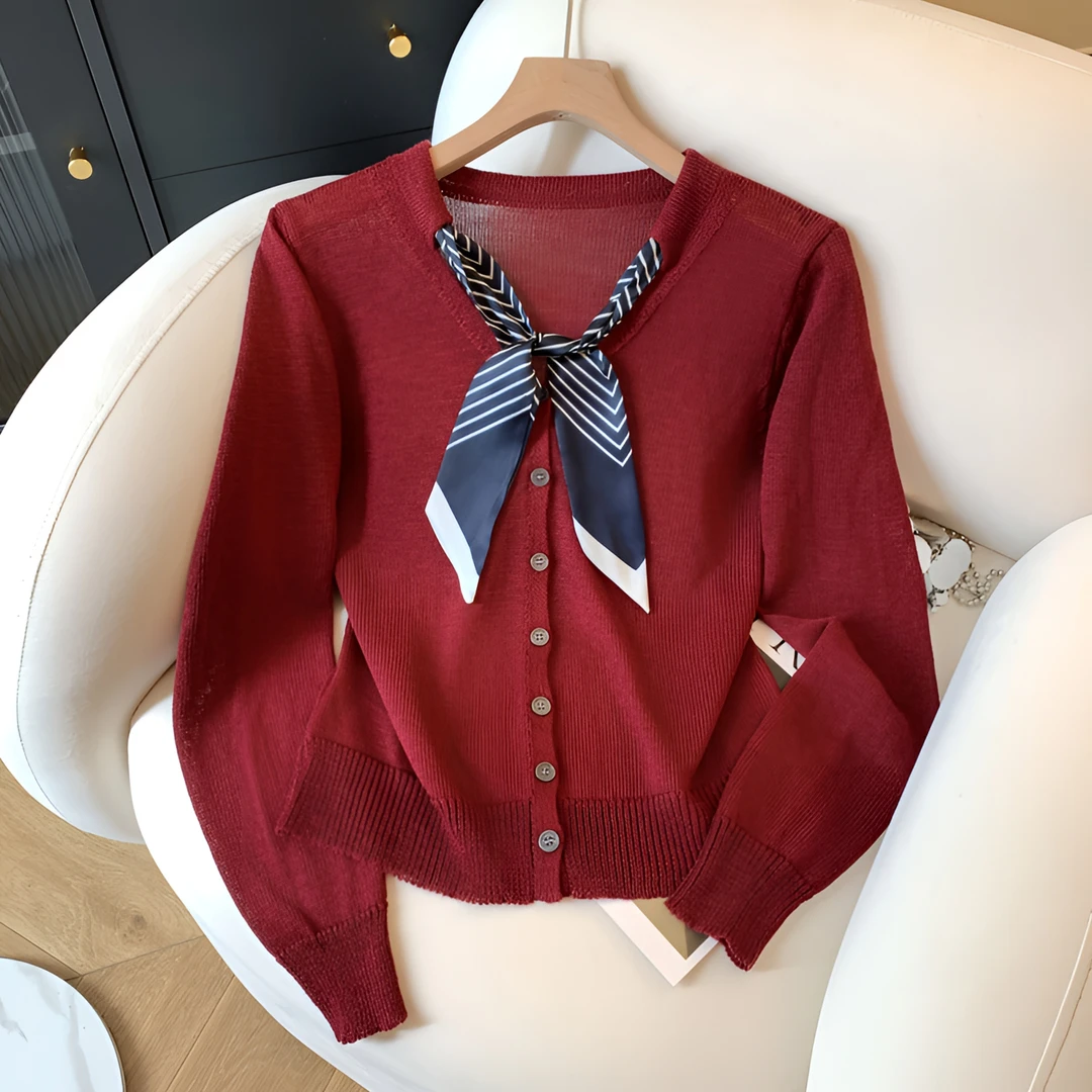 韩系2025早秋别致搭丝巾针织开衫女V领宽松显瘦长袖百搭防晒上衣