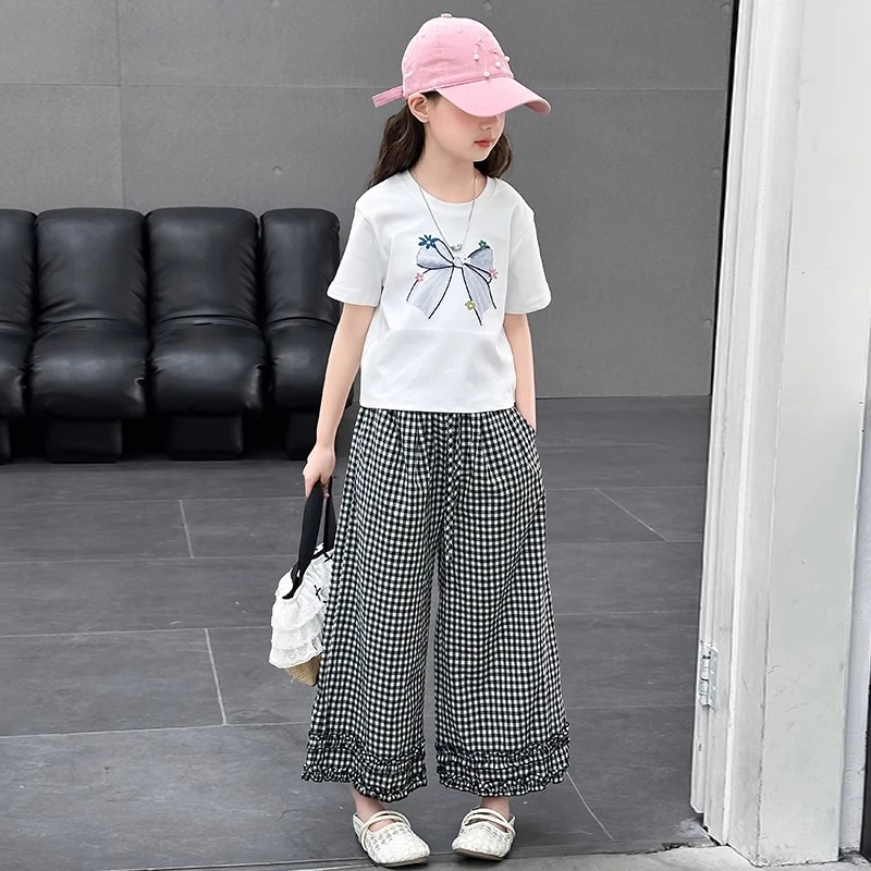 女童套装夏季2025新款儿童韩版大童宽松短袖T恤格子裤休闲两件套