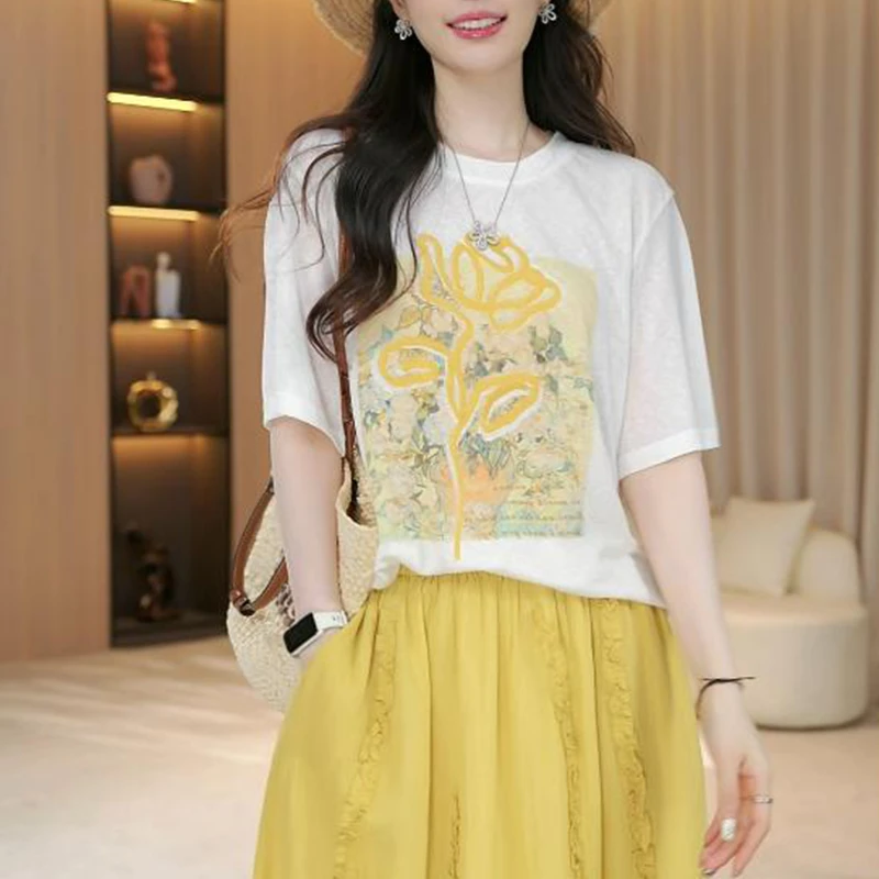 夏季玫瑰女装2025年新款韩版休闲减龄时尚花短袖上衣短袖凉爽女