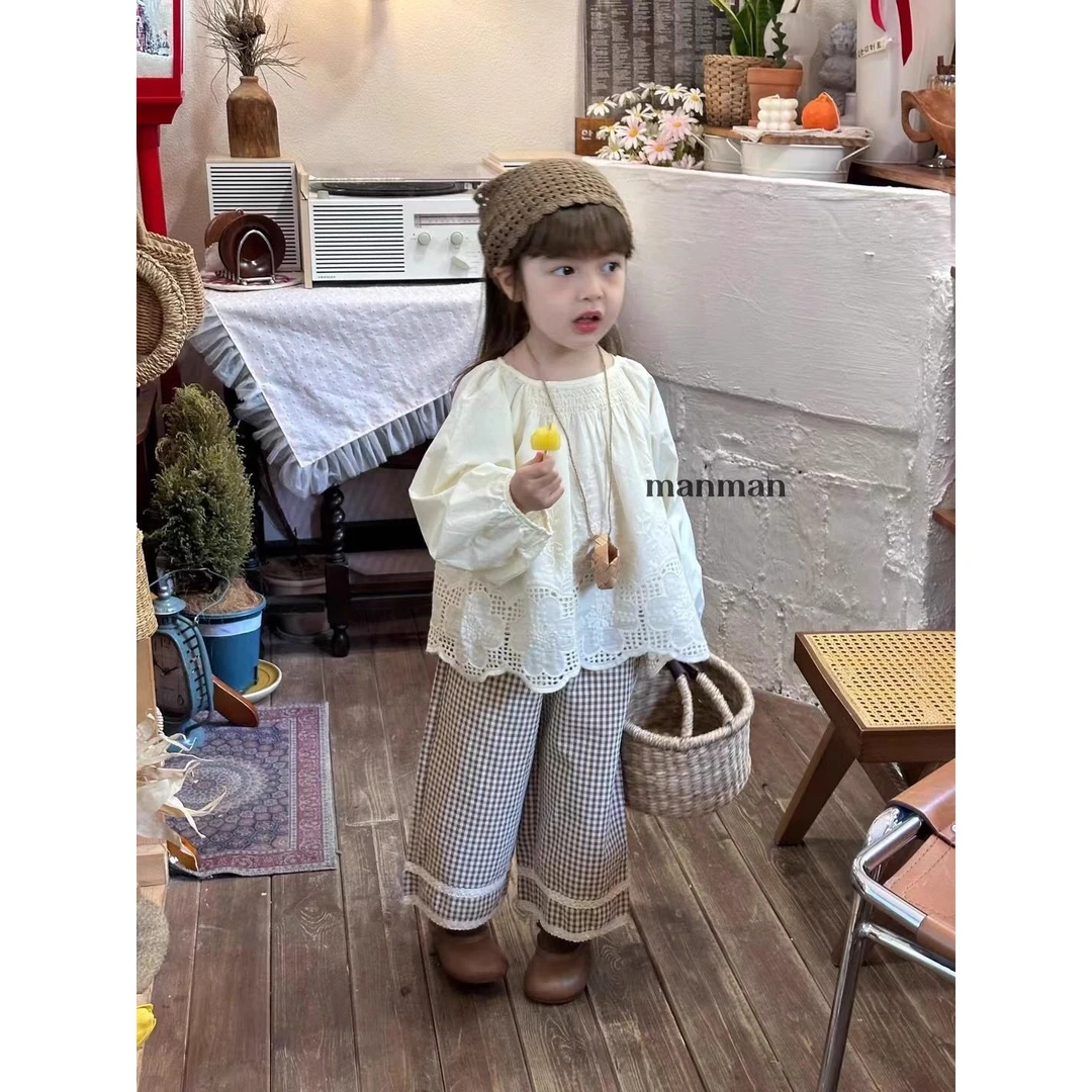 女童森系套装秋季新款洋气儿童蕾丝花边衬衫格子直筒裤两件套