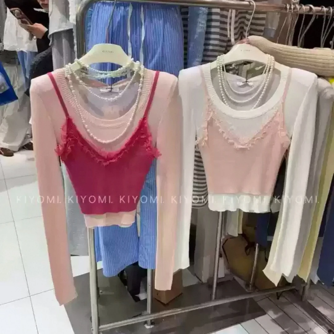 纯欲风洋气圆领打底衫蕾丝背心吊带套装女2025春夏新修身小众上衣