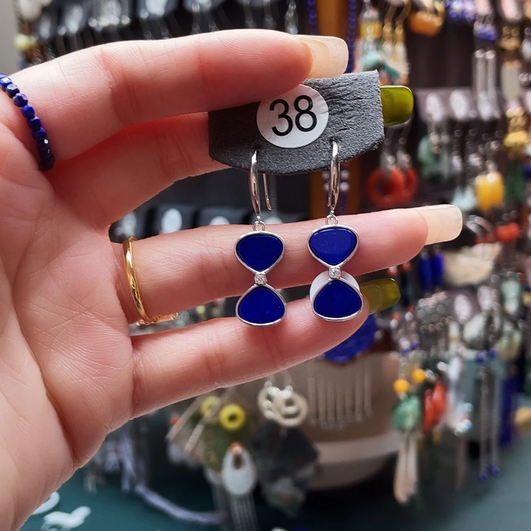 *****青金石银S925镶嵌耳饰饰品