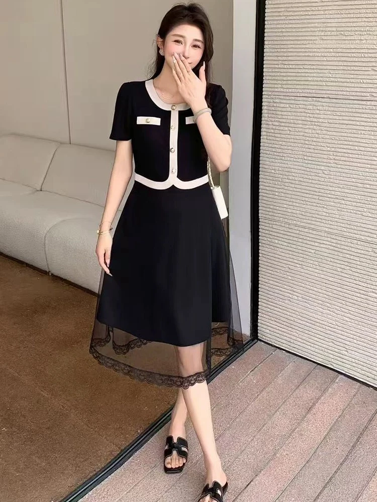 930法式小香风连衣裙女夏季新款时尚收腰显瘦假两件拼接网纱裙子