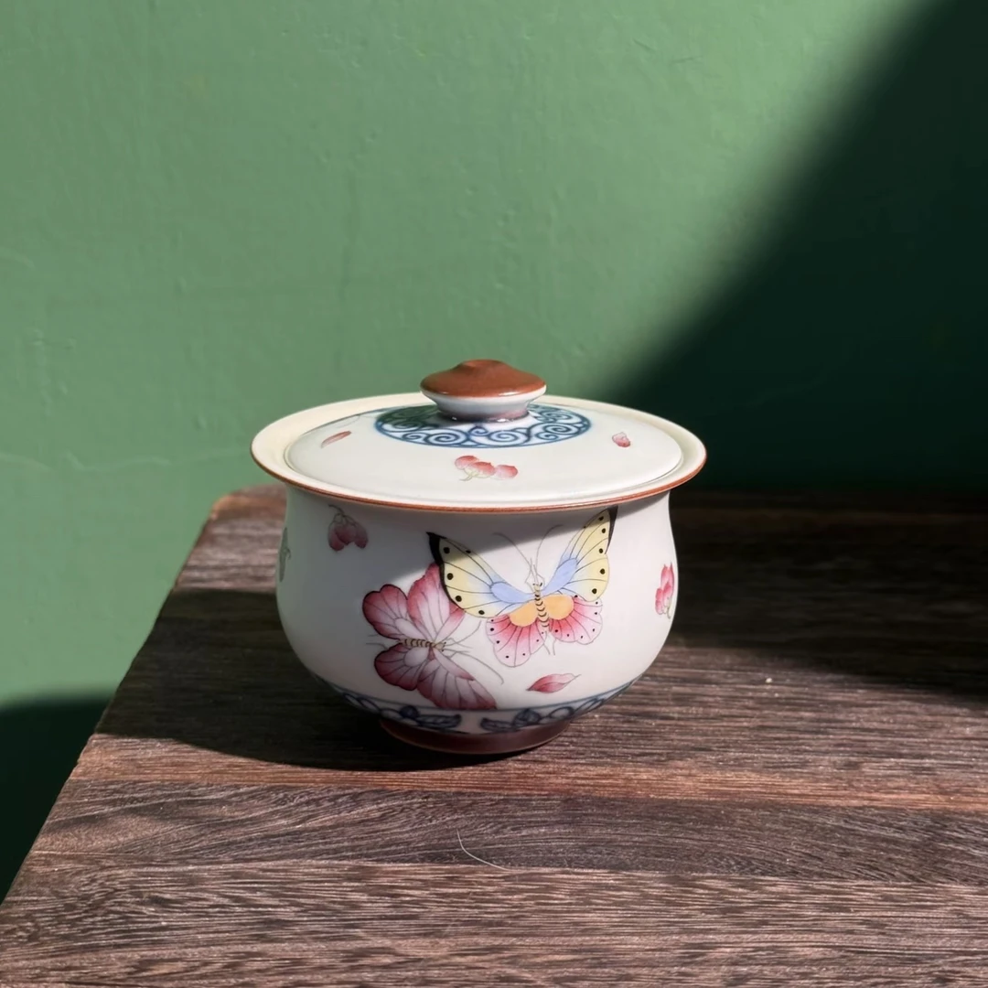 时节 雲青素坊【福利款】青花斗彩蝴蝶钱袋盖碗