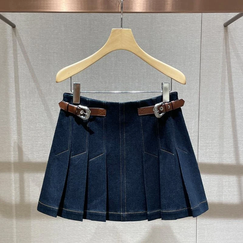 复古辣妹百褶短裙2024冬季新款通勤学院风设计感小众半身裙牛仔裙