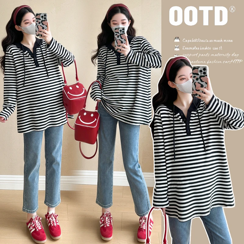 V23#2.4孕妇春季新款条纹休闲甜美减龄宽松大码连帽T恤