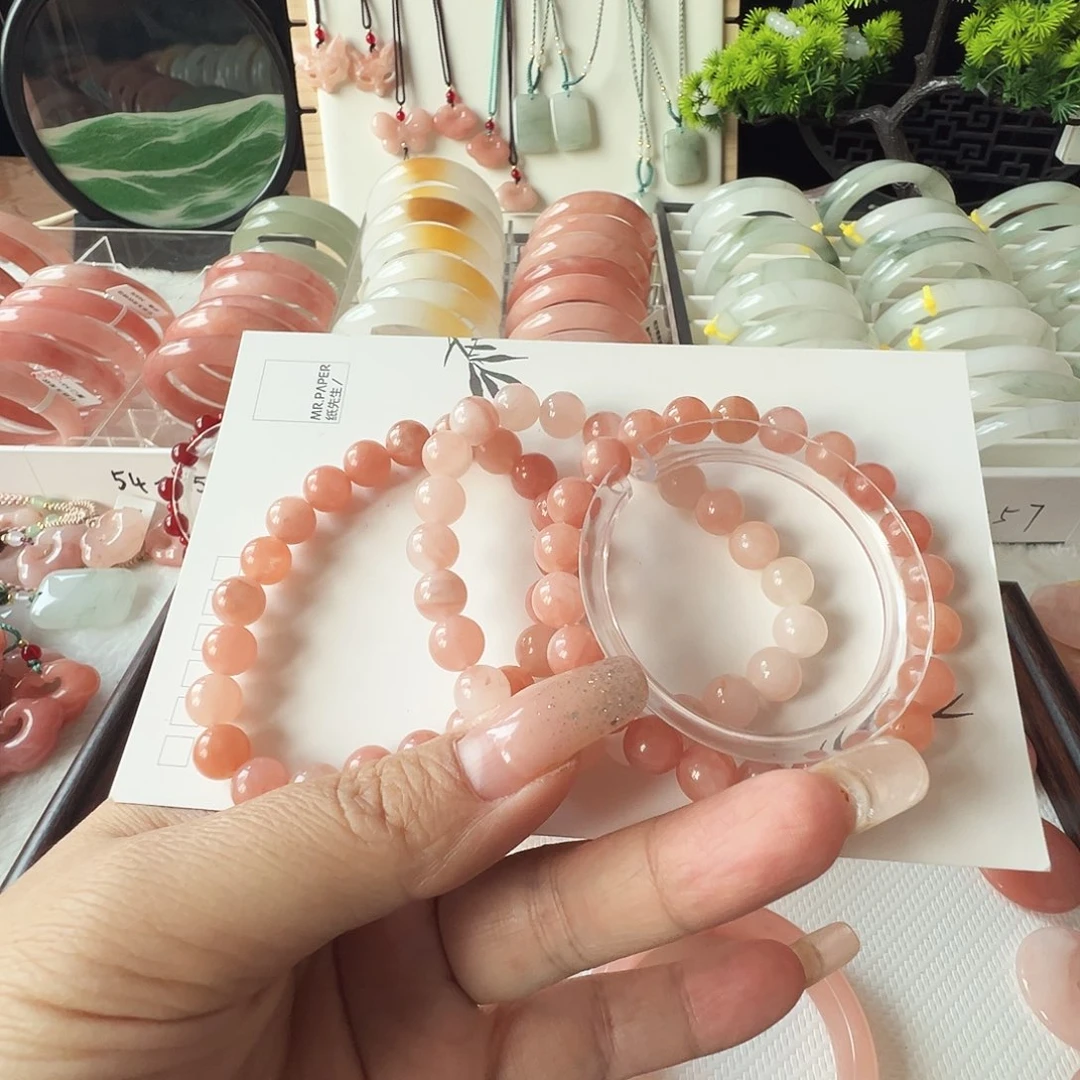 石英质玉（金丝玉）未镶嵌手镯卡8珠子龙纹桃花手串