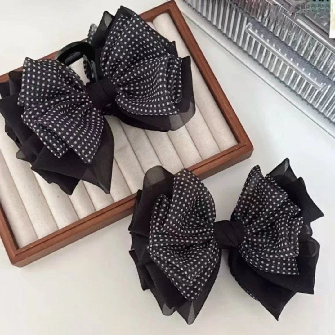 复古气质优雅百搭抓夹小波点多层蝴蝶结香蕉夹马尾发夹高级感发饰