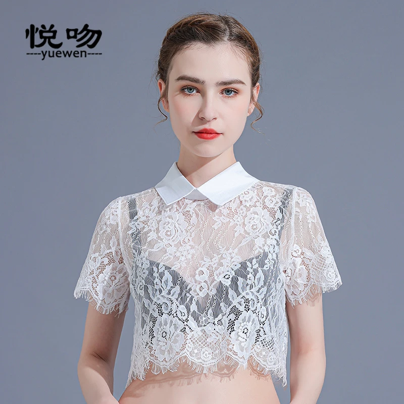 蕾丝后扣衬衫领假领子女百搭假领春夏秋冬半截短袖打底衫内搭短款