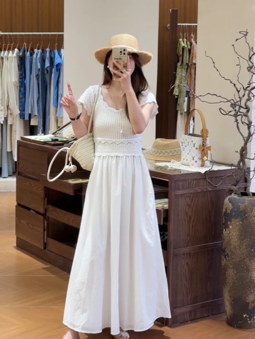 【BayaLi】2025夏季新品钩花拼接重工小白裙