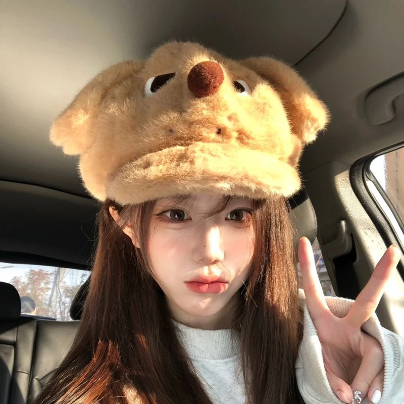怒气可爱小狗女秋冬八角帽暖棕色帽子女秋冬毛茸茸冬季保暖棒球帽