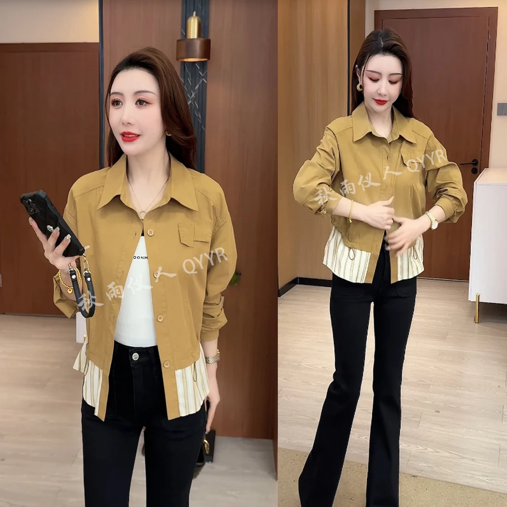 【秋雨仪人】时尚短外套女春季新款拼接宽松显瘦假两件洋气百搭衬衫