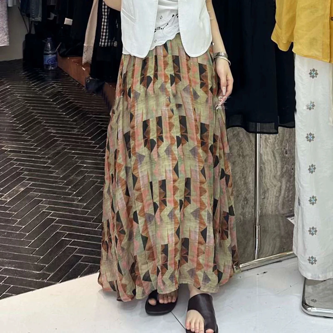 2025夏季新款小众定制苎麻编织腰带撞色几何松紧腰天丝半身裙中长