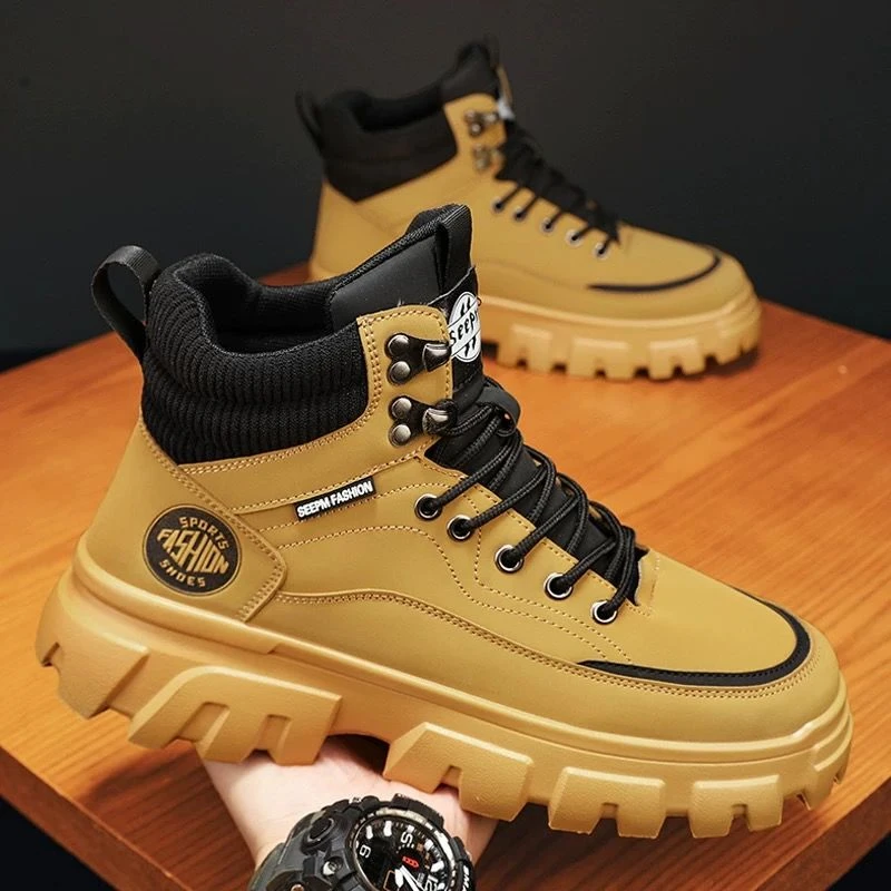 NPKP高帮男鞋秋季真皮防水厚底内增高英伦风大黄马丁靴男士登山短