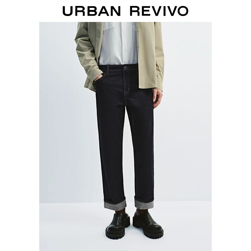UR2025秋季新款男装复古卷边棉质锥形牛仔长裤UMM850080
