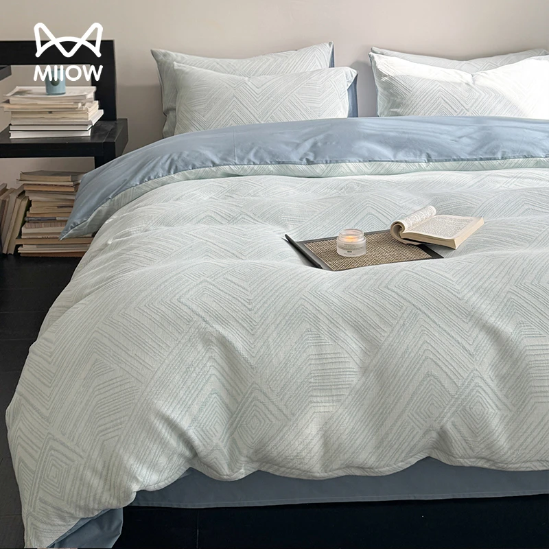 猫人三层纱全棉床上四件套轻奢高级感纯棉被套床单双层纱床笠床品