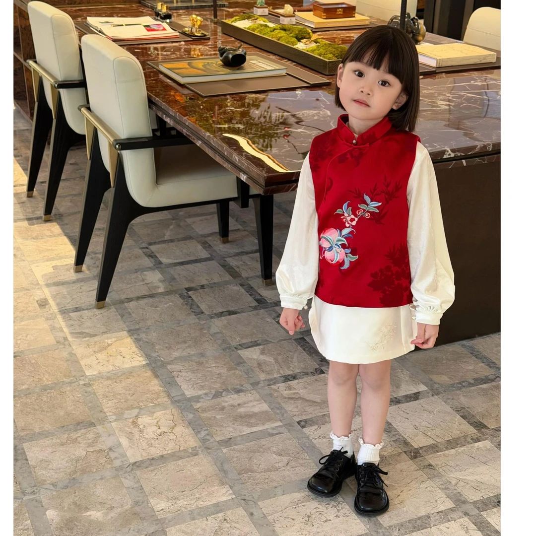 2025冬季新款新中式童装女童中国风刺绣马甲夹棉半身裙拜年服套装