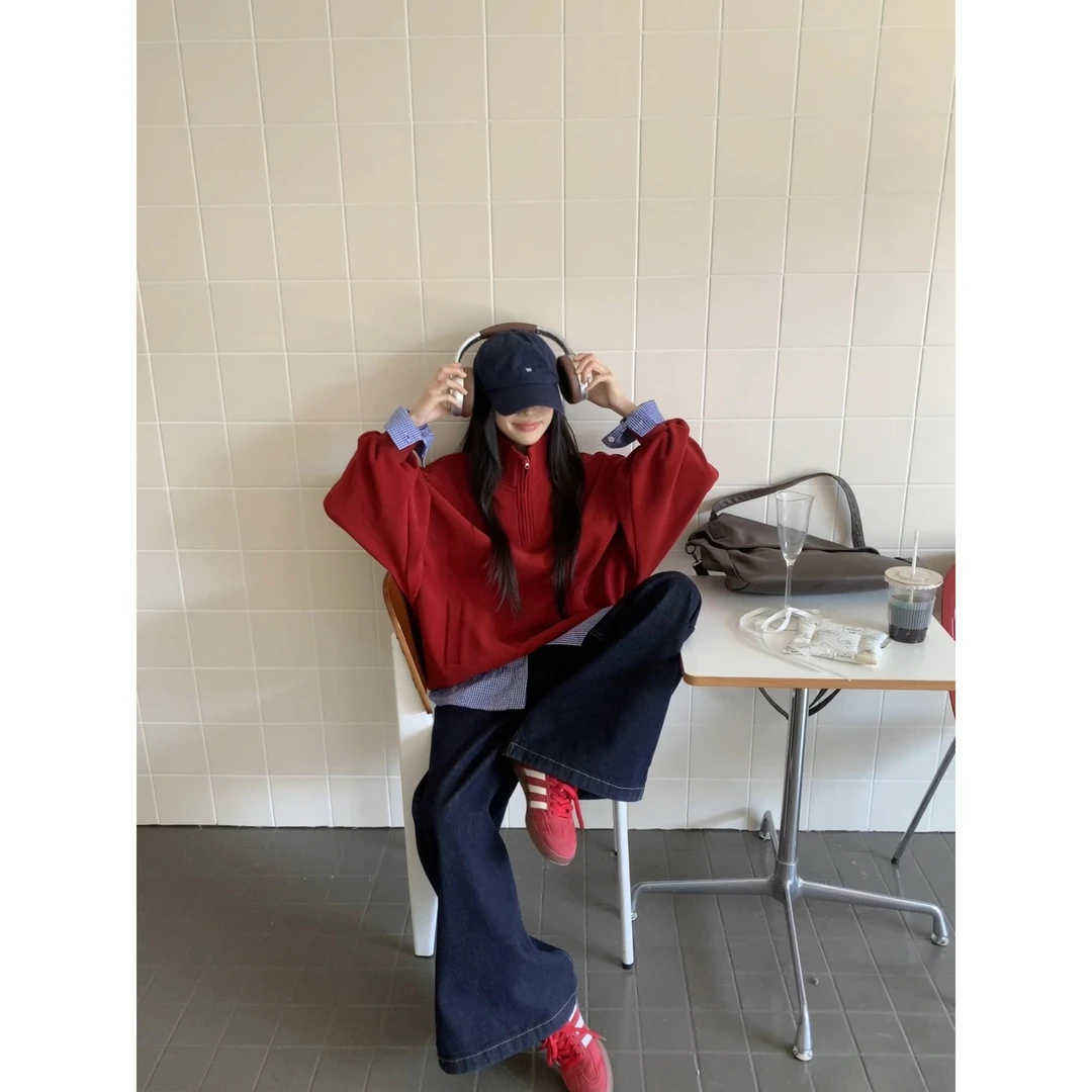 极简重磅半拉链立领宽松卫衣女秋冬季加厚显瘦百搭慵懒风套头上衣