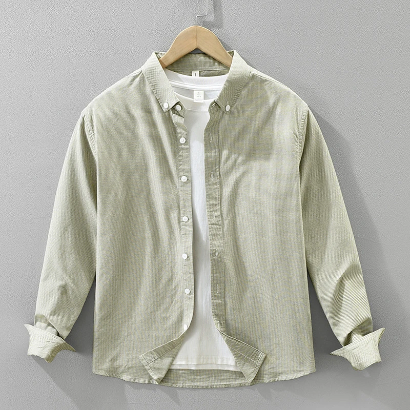 100棉！清新长袖衬衫男士格子百搭文艺休闲宽松上衣男装 7669