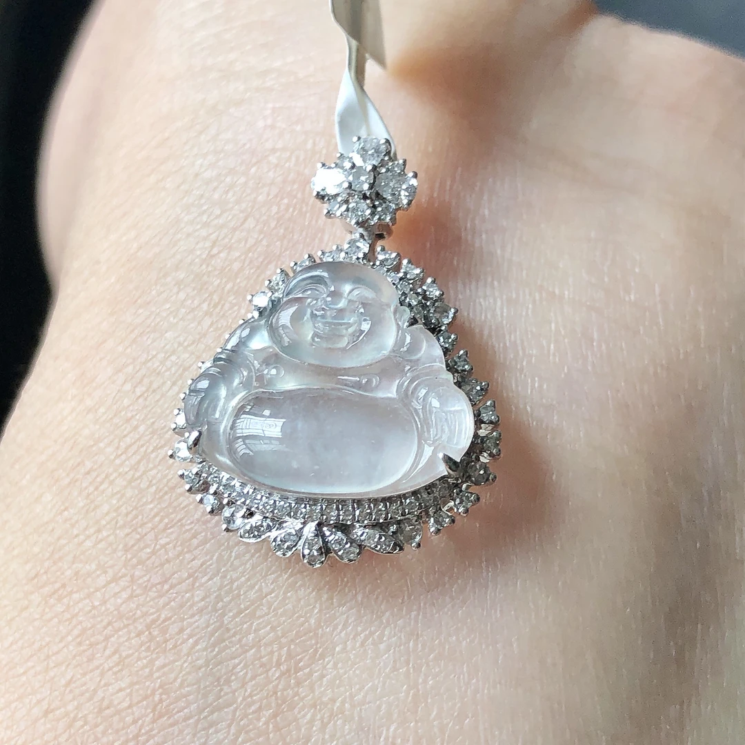 缅甸天然A货翡翠18k金镶嵌老坑高冰种佛公吊坠尺寸23.3/17.3/7.3