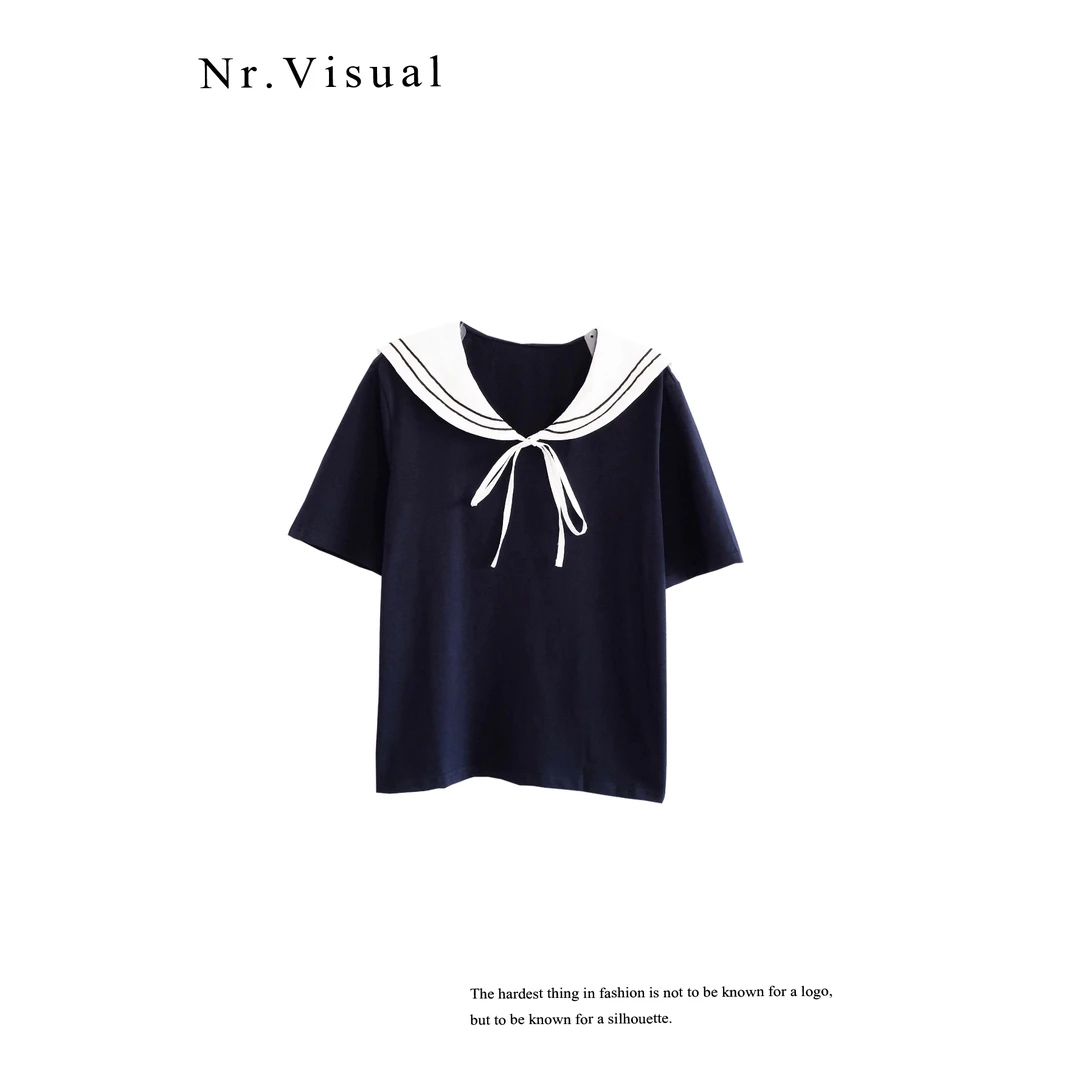 「小九NR」韩系洋气撞色海军领显瘦时尚百搭短袖T恤