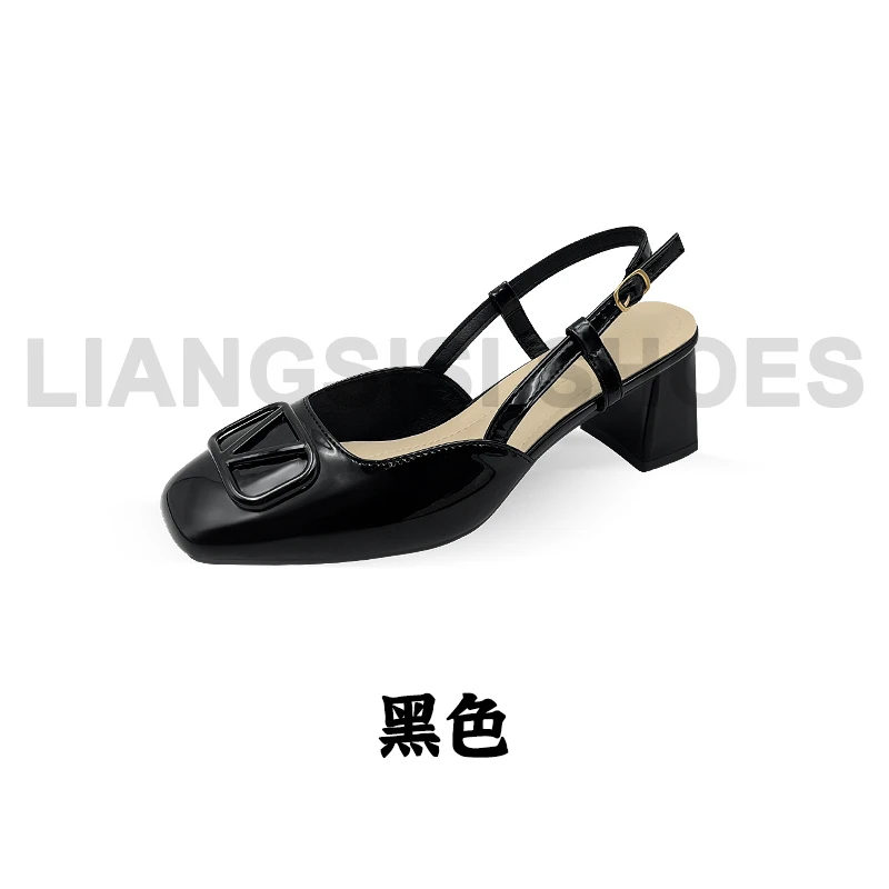 时尚夏季百搭复古方头粗跟包头后空凉鞋-326