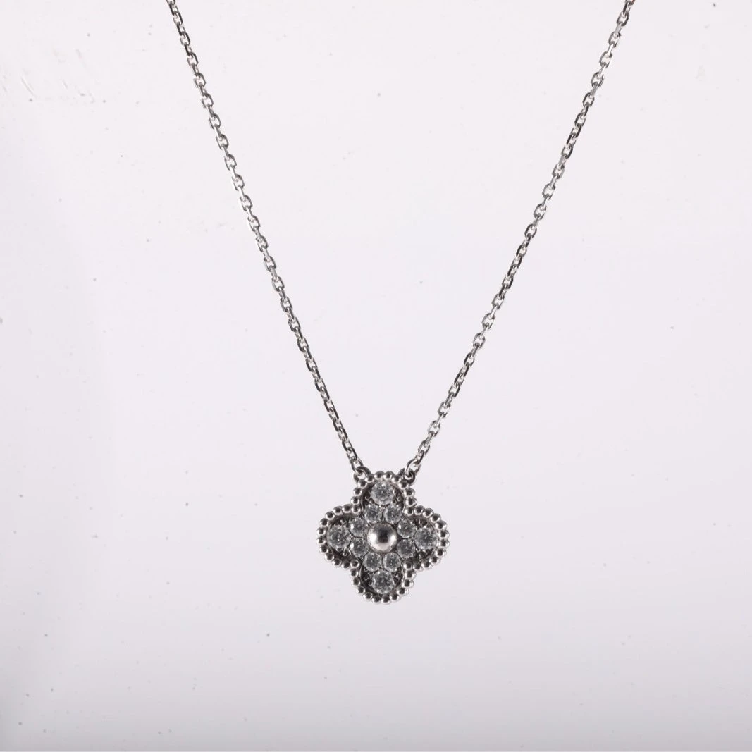 99新 梵克雅宝 念念 中号单花项链 满钻 18K白金/钻石