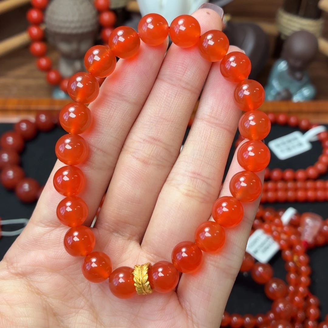 南红玛瑙18K金镶嵌手串保山原矿南红河湾冰红卡8+