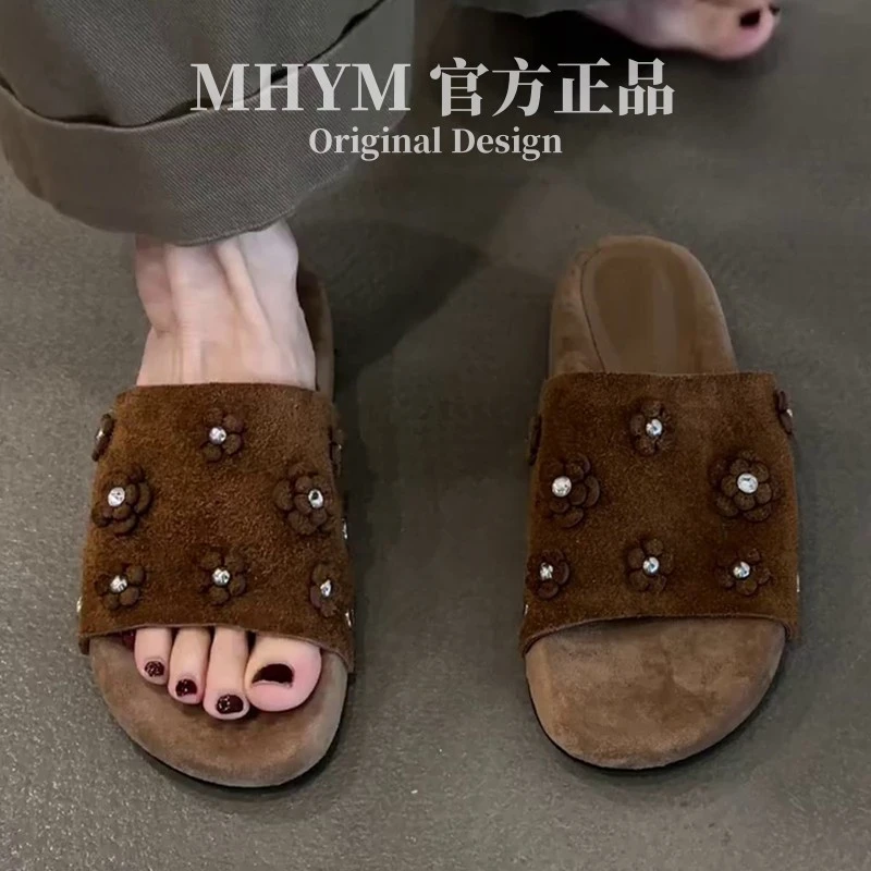 MH官方时尚真皮花朵露趾凉拖鞋女夏季新款厚底外穿反绒百搭凉鞋
