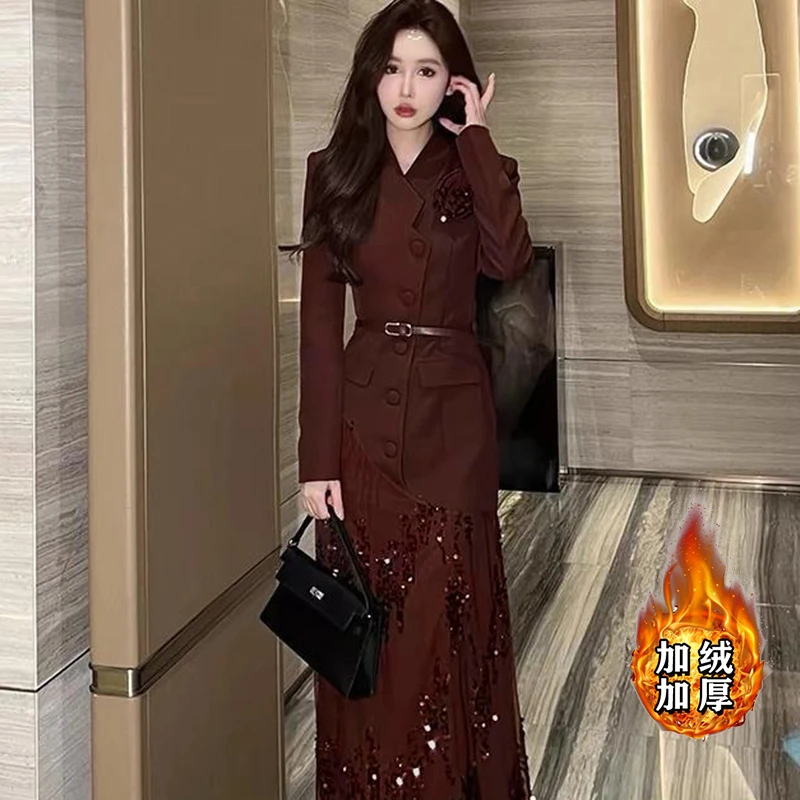 【V】【加绒加厚】2025秋冬精致气质裙子名媛高级感收腰连衣裙女2681