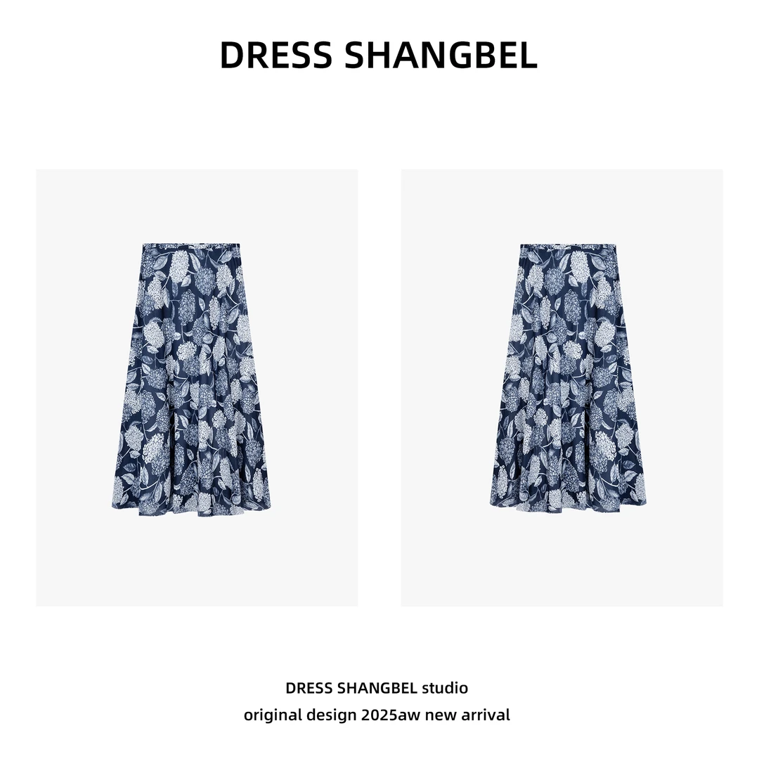 DRESS SHANGBEL-春夏新款抗皱蓝白绣球花优雅半身裙5092