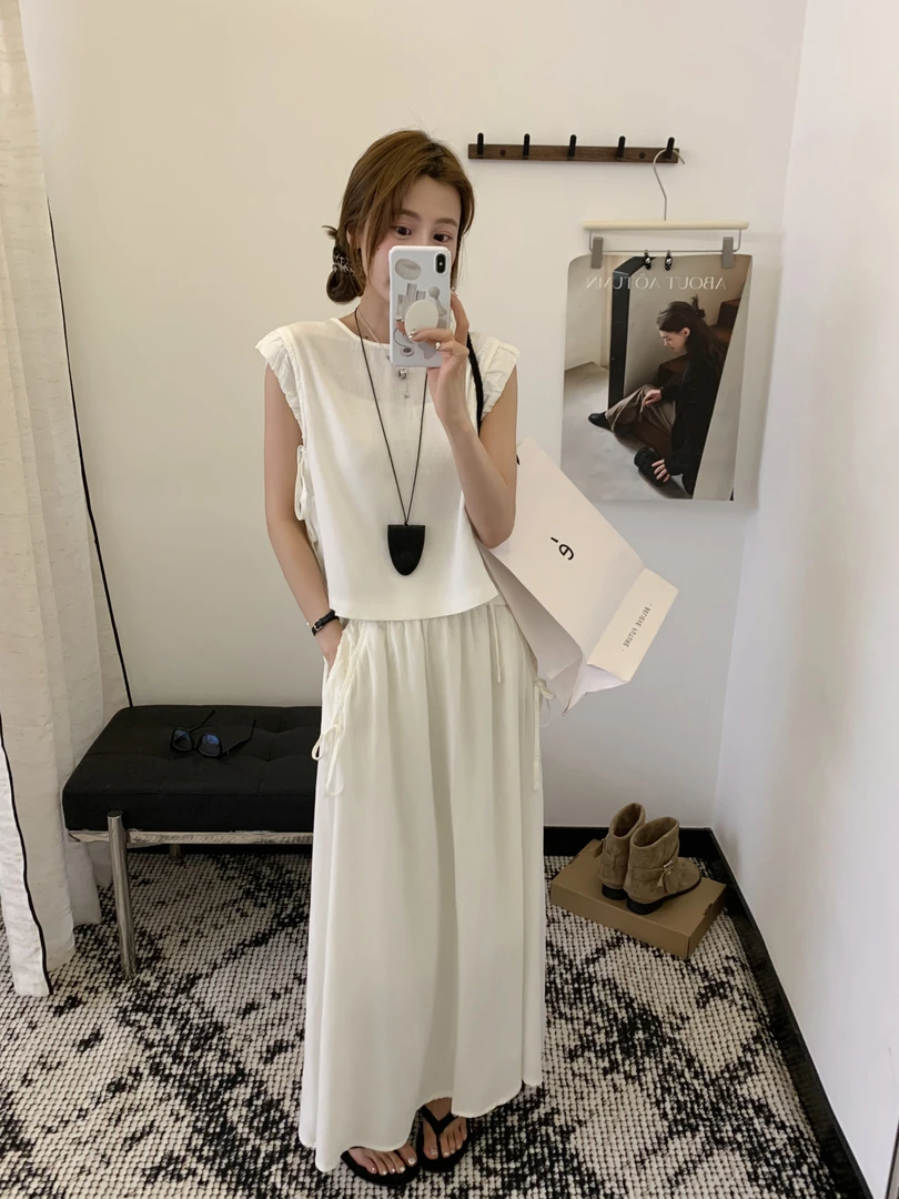 天丝亚麻圆领无袖背心半身裙两件套832