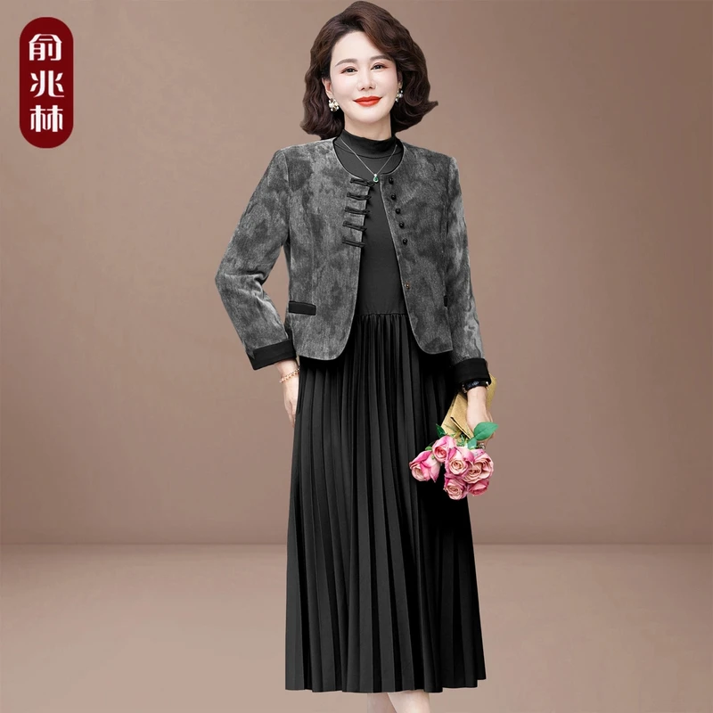 新中式妈妈秋装连衣裙两件套气质外套中老年女春秋50多岁国风套裙