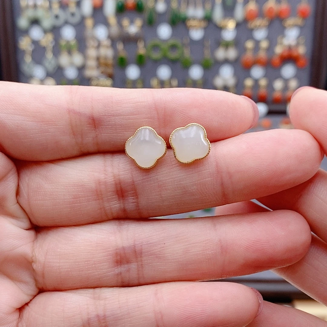 和田玉银S925镶嵌耳饰