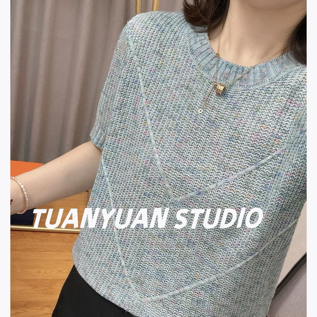 【星空幻彩】短袖圆领设计感V型套头针织春夏新款遮肚宽松休闲上衣