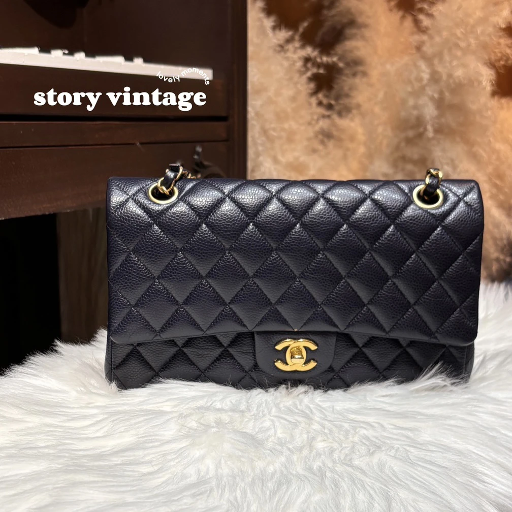 95新 Chanel/香奈儿 CF中号 鱼子酱菱格 黑蓝 单肩翻盖斜挎包